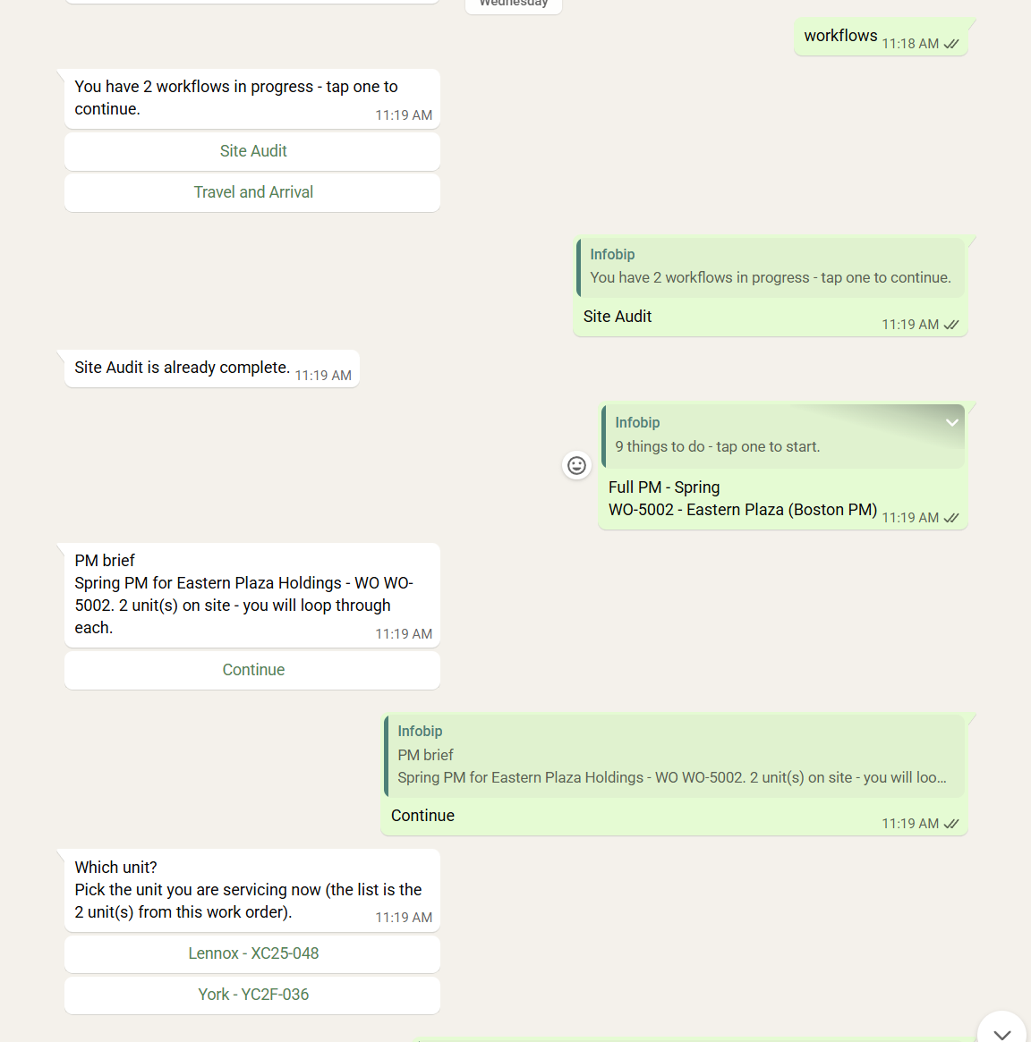 A field workflow running as a real conversation on a subcontractor's phone